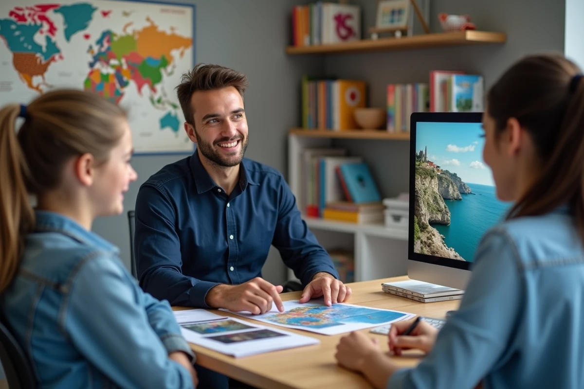 Conseiller en séjours linguistiques présentant un programme à l'étranger à un étudiant et son parent dans une agence de voyage
