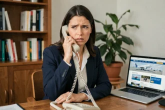 Femme contactant le service client d'Air Algérie par téléphone depuis son bureau à domicile pour une demande de remboursement