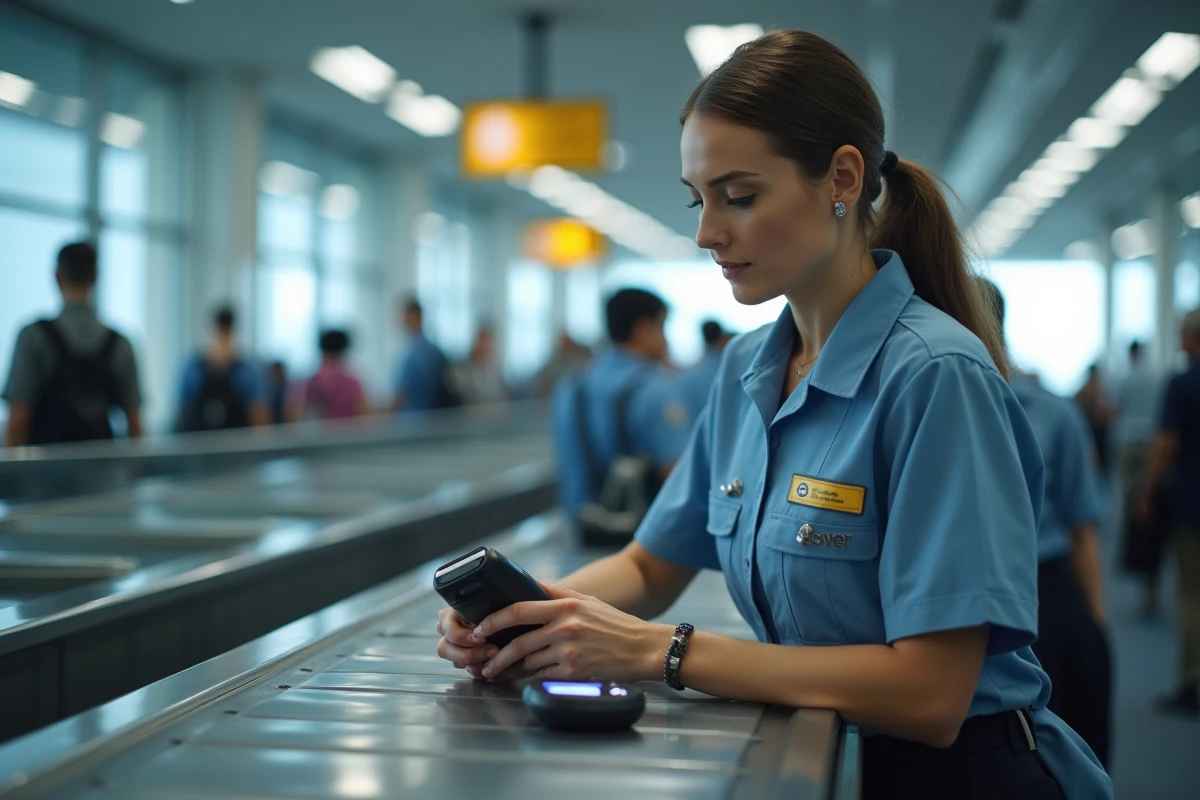 Agent de sécurité aéroportuaire inspectant un rasoir électrique au contrôle des bagages à main