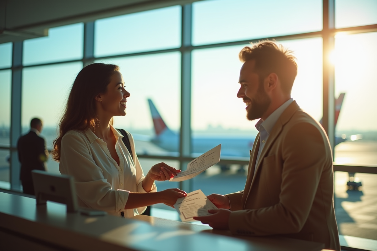 Couple souriant à l'aéroport avec bons de voyage