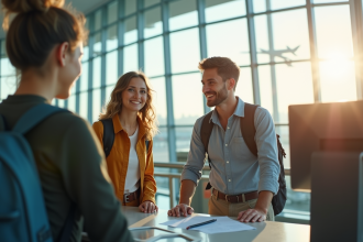 Jeune couple souriant à l'aéroport avec documents de voyage