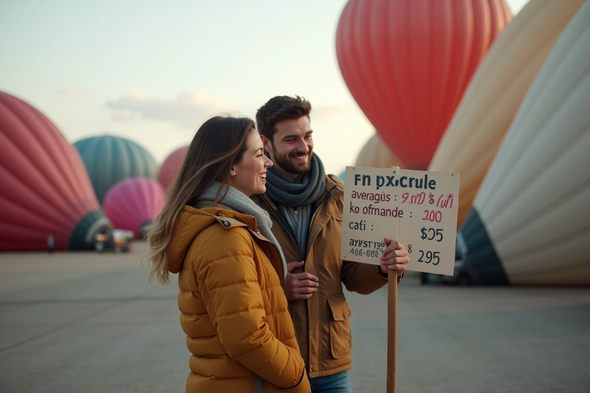 Jeune couple regardant un panneau de prix de montgolfieres