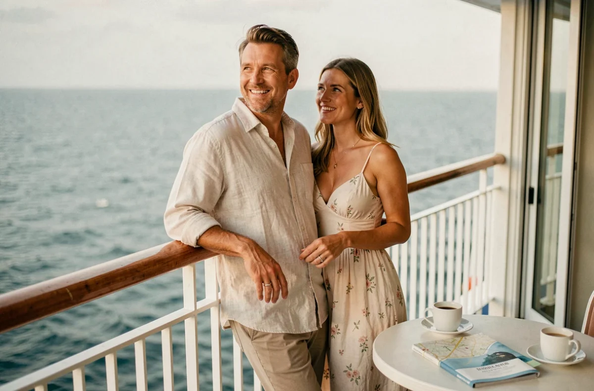 Couple en vacances sur le balcon d'une cabine de croisière MSC Magnifica