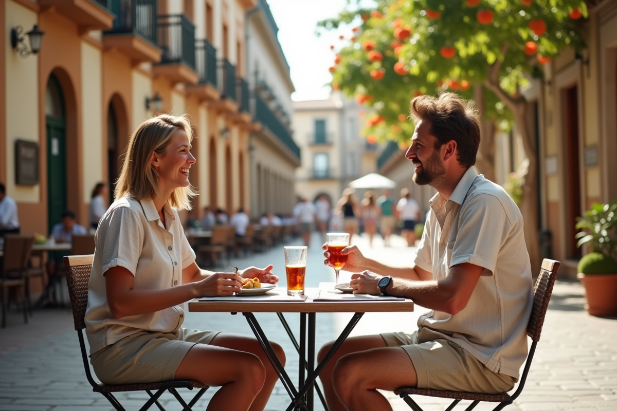 Couple souriant dans un café en plaza espagnole