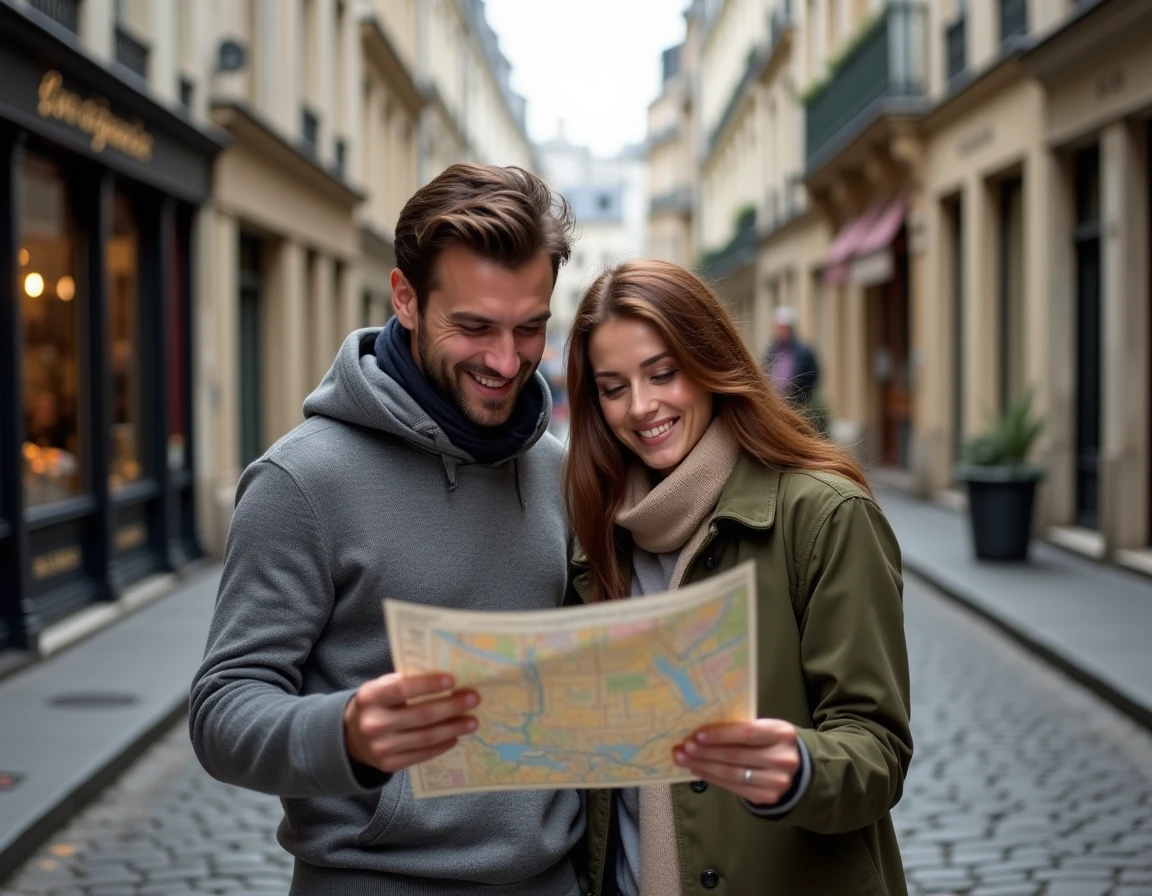 Couple consultant une carte de Paris à pied dans le quartier Saint-Germain-des-Prés