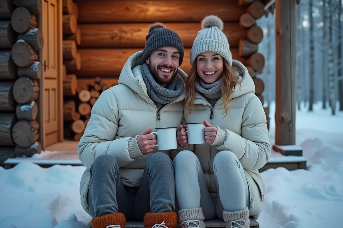 Couple de voyageurs savourant un café chaud devant un chalet en bois en Finlande en hiver