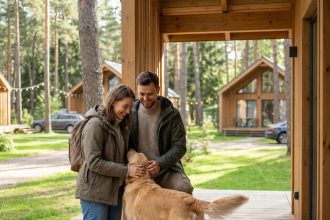 Couple souriant avec leur chien dans un cottage moderne