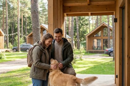 Couple souriant avec leur chien dans un cottage moderne