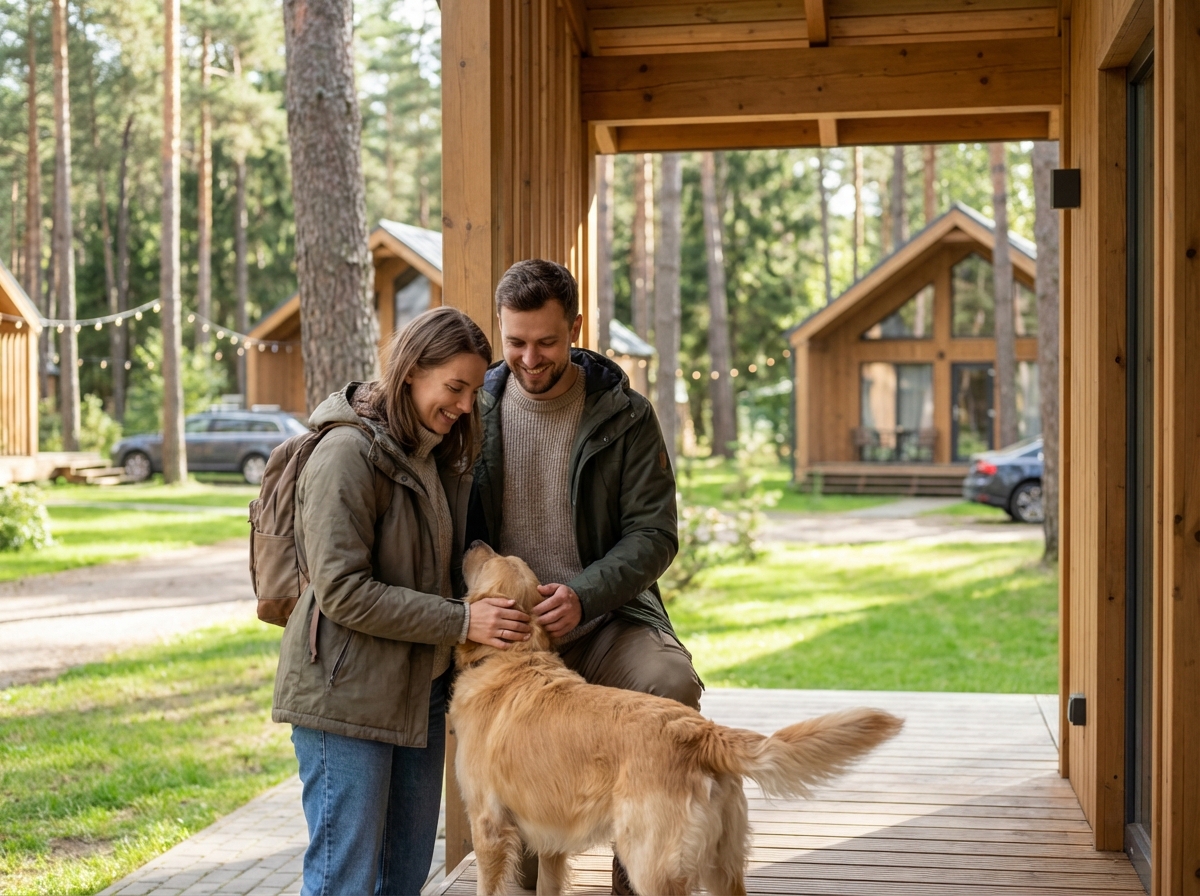 Couple souriant avec leur chien dans un cottage moderne