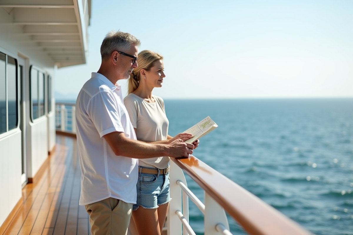 Couple regardant l'horizon sur le pont du bateau