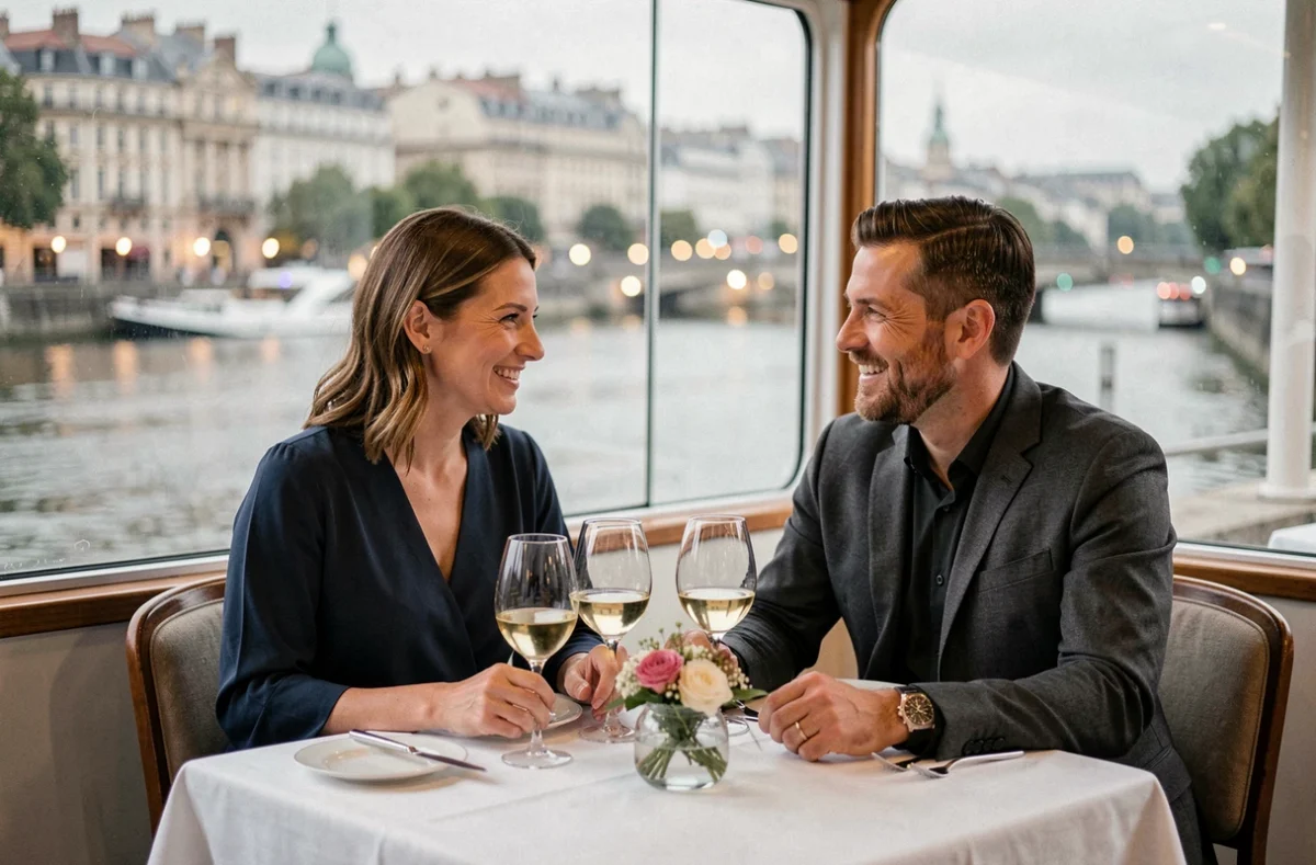 Couple en dîner romantique à bord d'une croisière repas sur la Saône à Lyon avec vue nocturne sur la ville