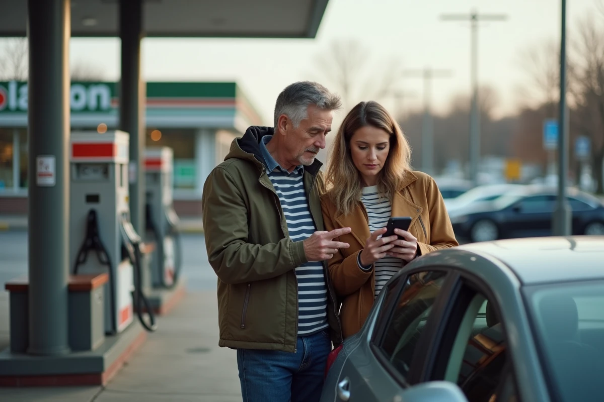 Couple consultant ViaMichelin sur smartphone à une station-service pour choisir l'itinéraire le moins cher avec comparaison des péages et du carburant