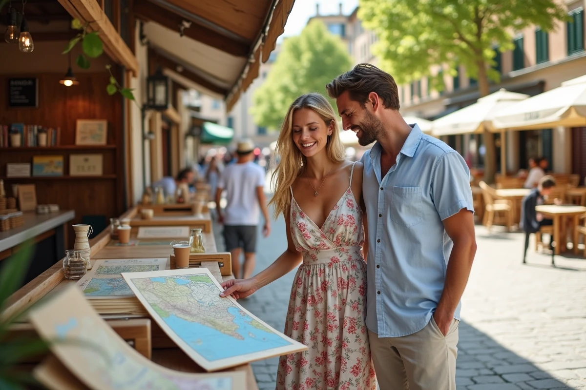 Couple planifiant un voyage en août pas cher devant un stand de cartes de voyage dans une place européenne