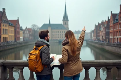 Couple de voyageurs sur le pont Sint-Michielsbrug à Gand avec vue sur les façades médiévales du Graslei