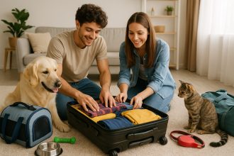 Jeune couple préparant ses valises avec un chien et un chat dans un salon lumineux