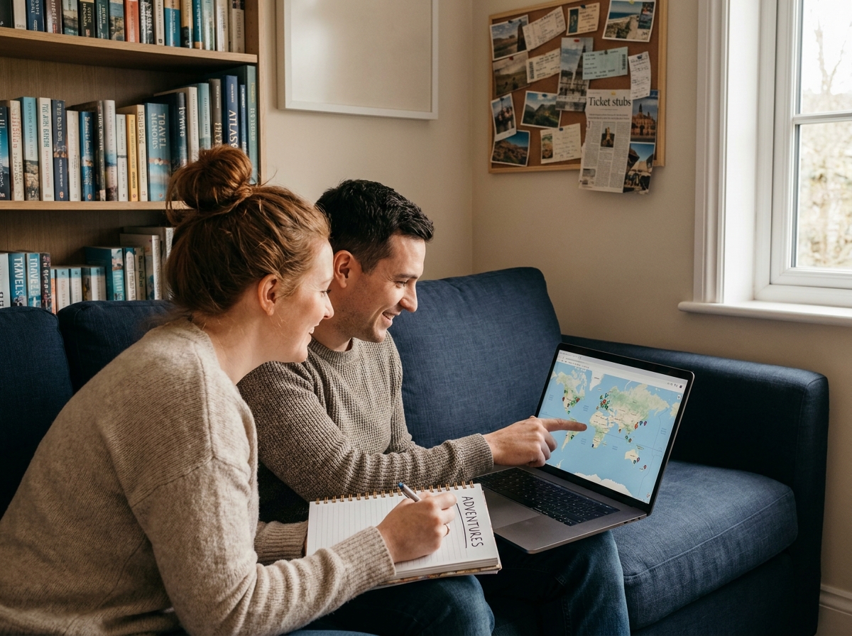 Couple planifiant ensemble un tour du monde depuis leur canapé avec un ordinateur portable et un carnet de voyage
