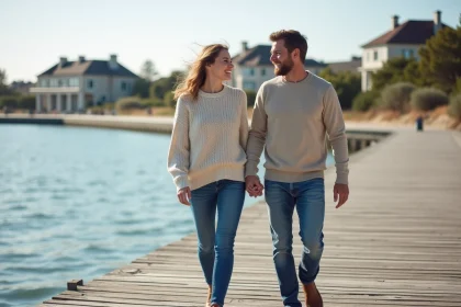 Couple souriant marchant sur le pont d'Arcachon