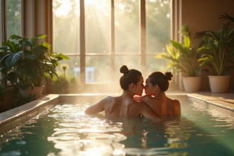 Couple relaxant dans un spa parisien moderne avec vue panoramique