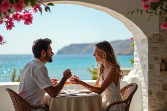 Couple assis à une taverne face à la mer en Grèce