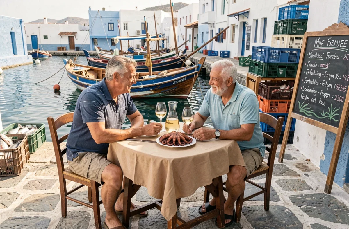 Couple savourant un repas économique dans une taverne de pêcheurs dans un port des Cyclades