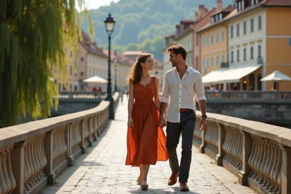 Couple romantique se promenant main dans la main sur le Triple Pont de Ljubljana avec vue sur la rivière Ljubljanica et la vieille ville