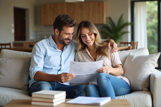 Couple souriant examinant un contrat de location vacances