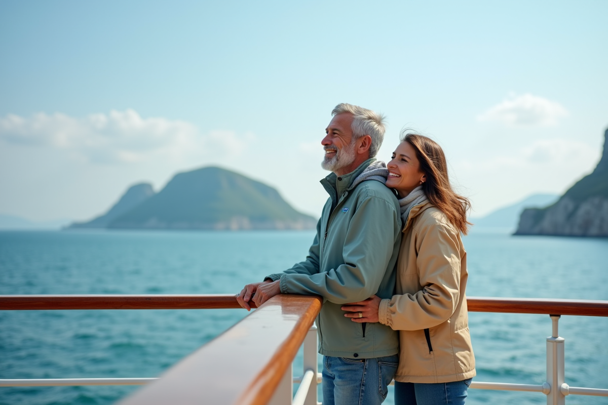 Couple souriant sur le pont d'une croisière en mer