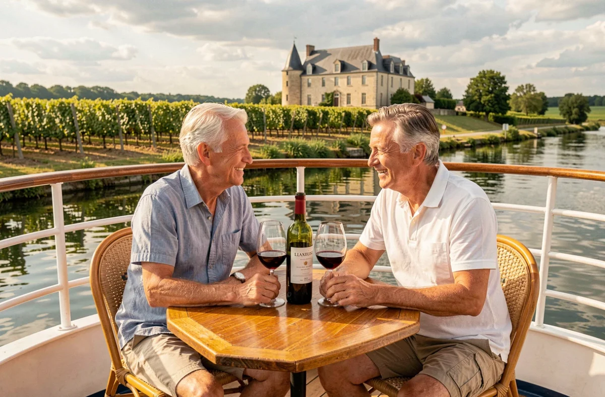 Couple dégustant du vin bordelais sur le pont d'un bateau de croisière fluviale sur la Dordogne avec des vignobles en arrière-plan