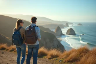 Jeune couple souriant au bord de la côte californienne