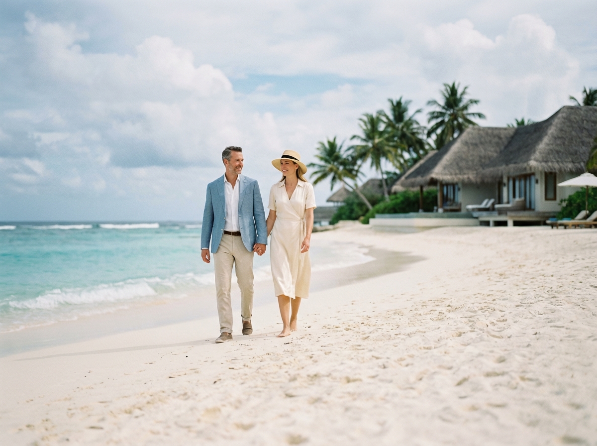 Couple élégant en voyage sur une plage de sable blanc