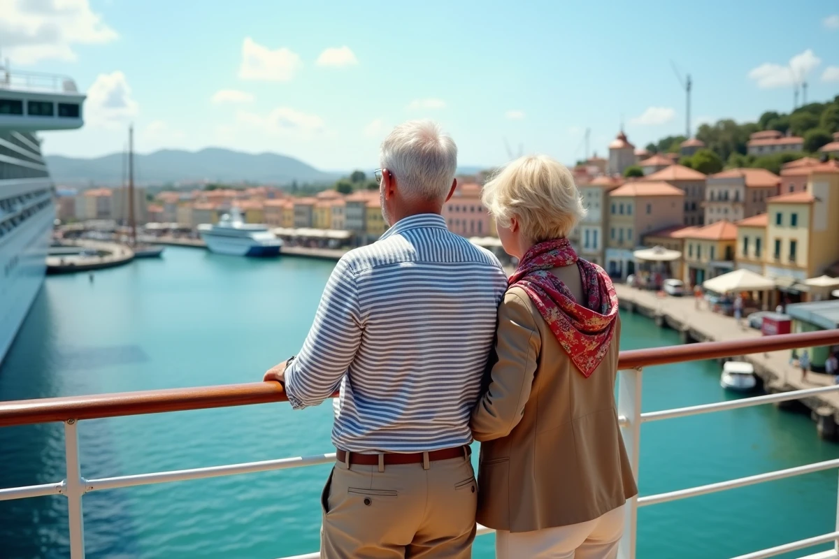 Couple de voyageurs observant un port exotique depuis le pont d'un paquebot en croisière tour du monde