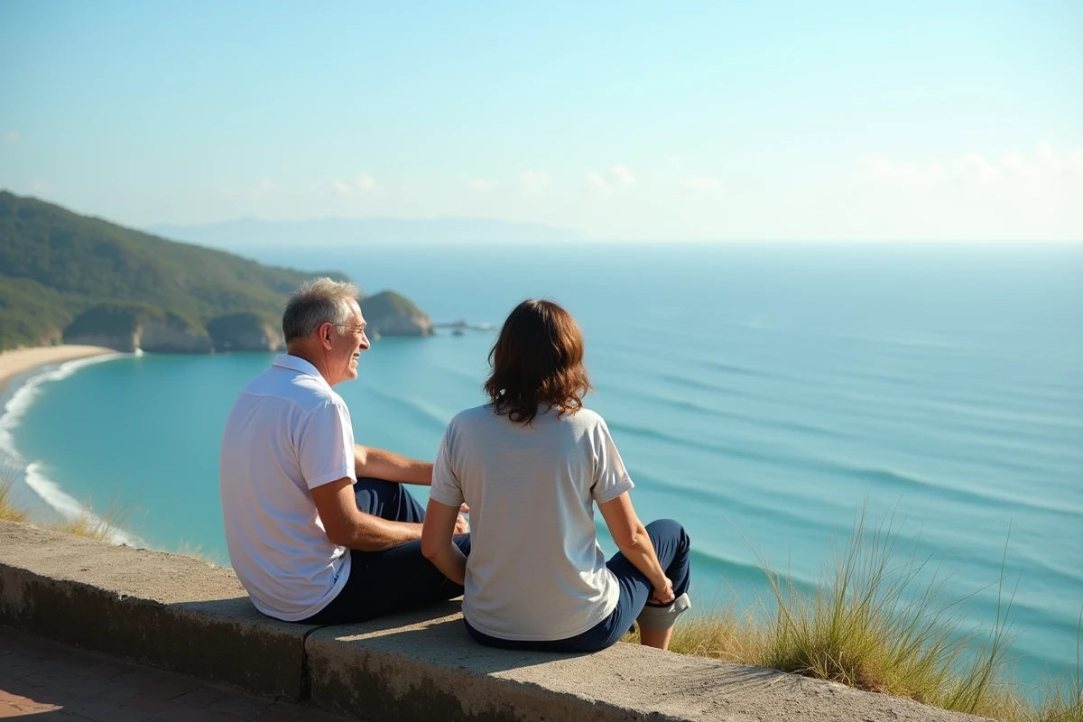 Couple discutant sur un mur avec vue sur la côte de Kuta Lombok