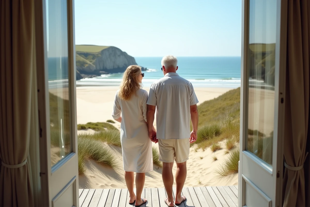 Couple souriant face à la mer en Bretagne