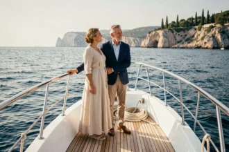 Couple élégant sur le pont avant d'un yacht privé en croisière en Méditerranée