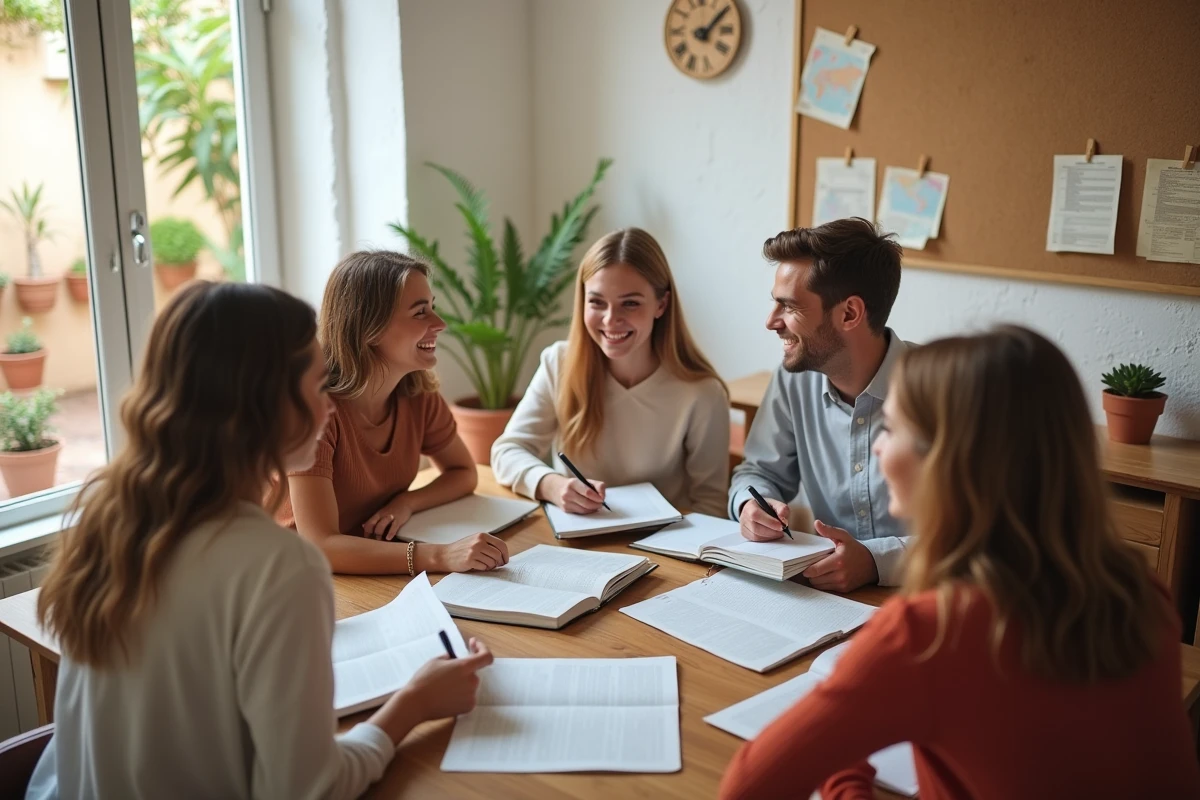 Groupe d'étudiants en cours de langue dans une école à l'étranger organisée par une agence de séjours linguistiques