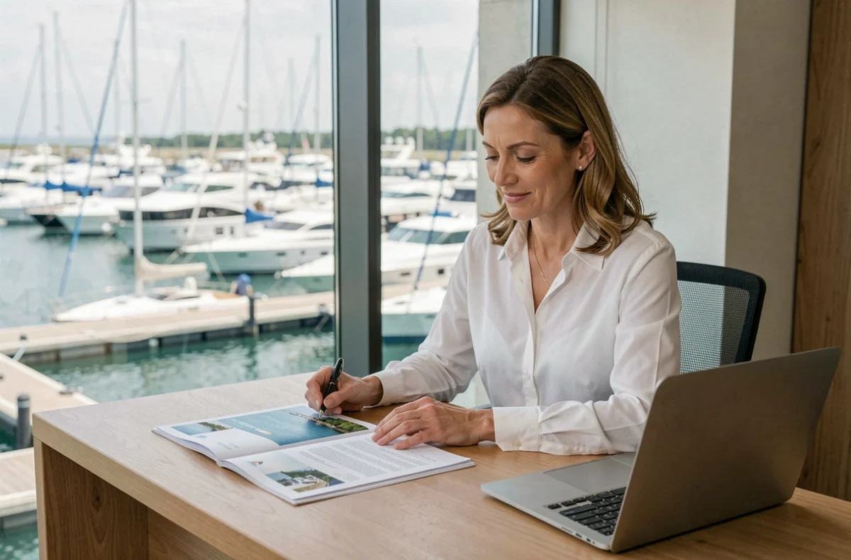 Courtière en croisières privées examinant des contrats et tarifs dans un bureau de marina