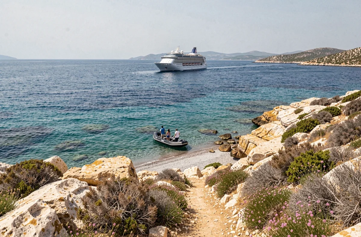 Bateau de croisière économique ancré dans une baie des Cyclades avec un tender transportant des passagers vers une plage sauvage