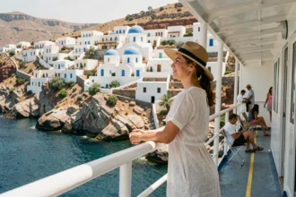 Femme en robe de lin sur le pont d'un ferry aux Cyclades avec vue sur des maisons blanches et des dômes bleus