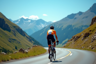 Cycliste déterminé sur la route des Pyrenees vers le plateau de Beille