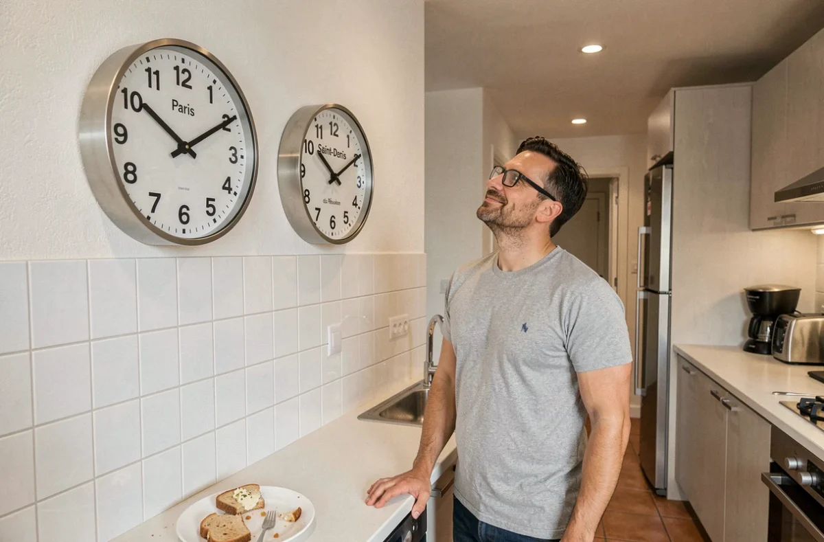 Homme observant deux pendules murales indiquant l'heure de Paris et de La Réunion dans une cuisine moderne