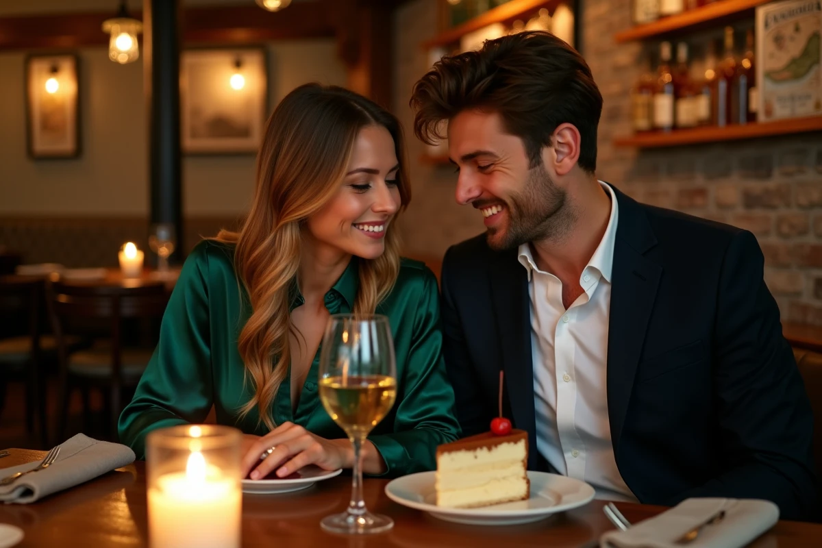 Couple partageant une kremna rezina et un verre de vin blanc dans un restaurant romantique au décor de briques apparentes à Ljubljana