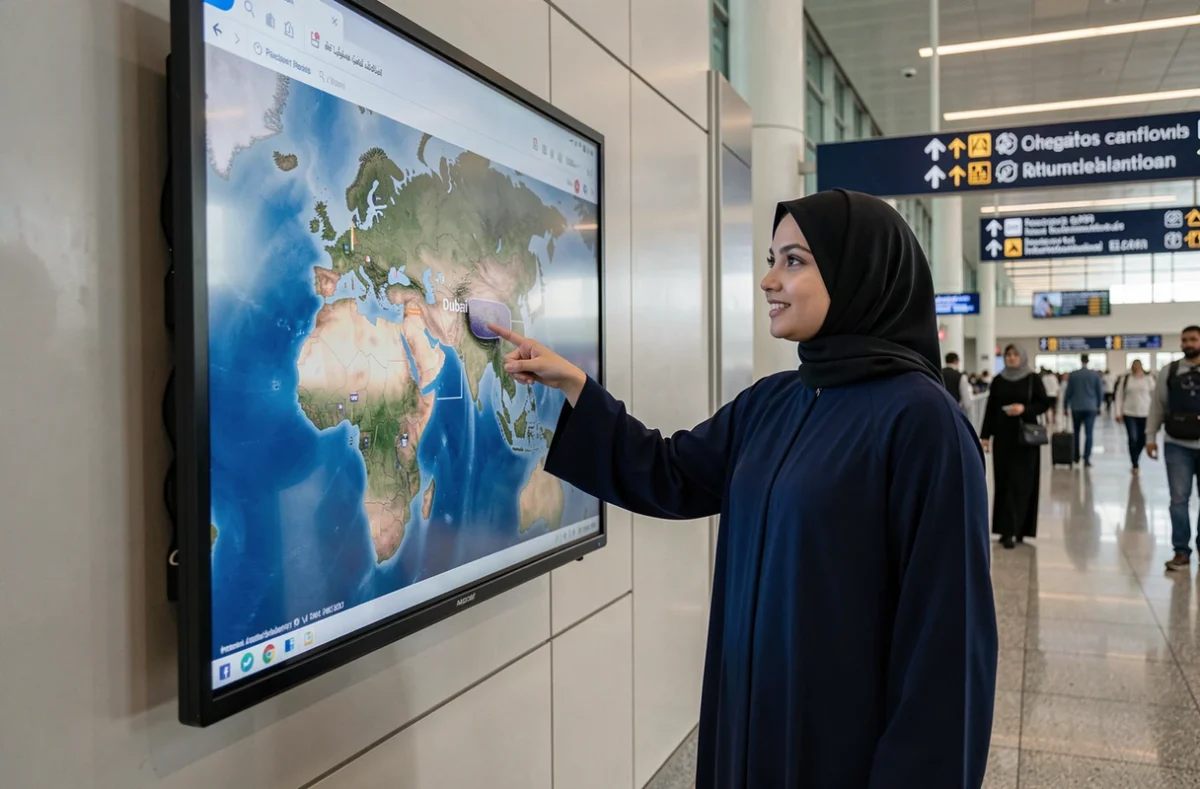 Femme en abaya pointant une carte numérique à l'aéroport de Dubaï montrant la position de la ville en Asie