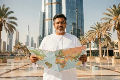 Homme en kandura tenant un atlas montrant le Moyen-Orient et l'Asie devant un gratte-ciel de Dubaï