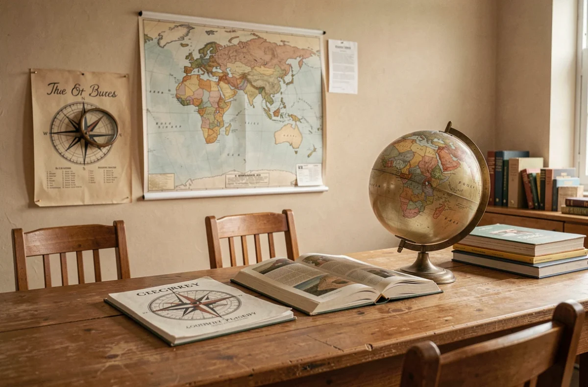 Salle de classe avec mappemonde vintage et globe terrestre montrant le continent asiatique pour illustrer la géographie de Dubaï