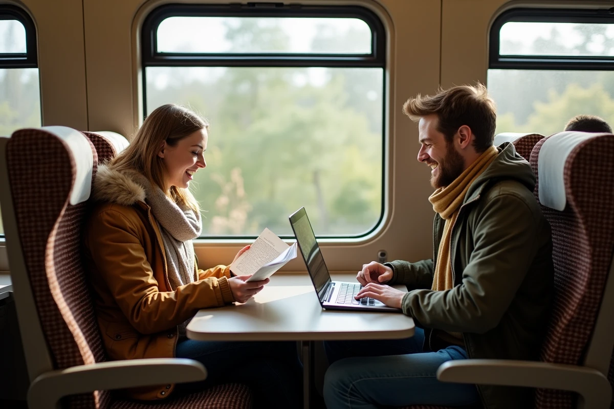 Deux voyageurs planifiant leur tour d'Europe en train à bord d'un intercity avec guide et ordinateur portable