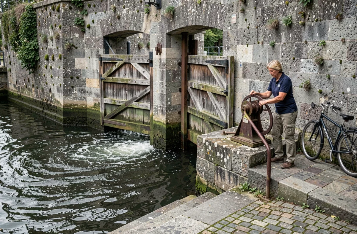 Écluse historique du Canal du Midi avec son éclusière manœuvrant les portes en bois