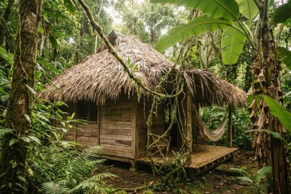 Bungalow écolodge en bois au cœur de la forêt tropicale en Guadeloupe entouré de végétation luxuriante
