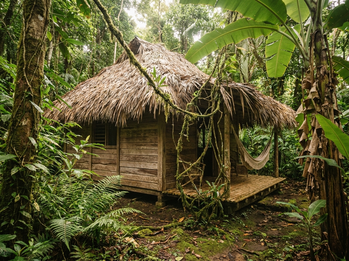 Bungalow écolodge en bois au cœur de la forêt tropicale en Guadeloupe entouré de végétation luxuriante