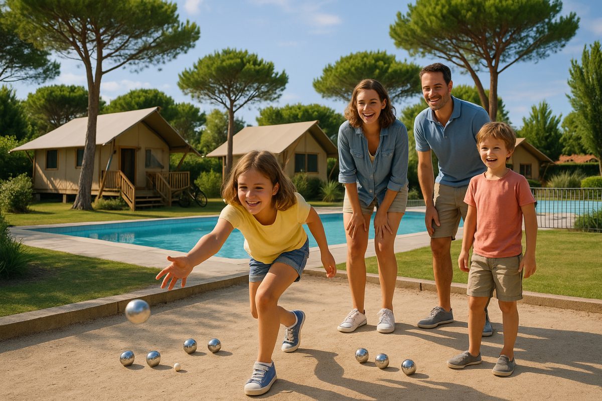 Enfants jouant à la pétanque en camping à l