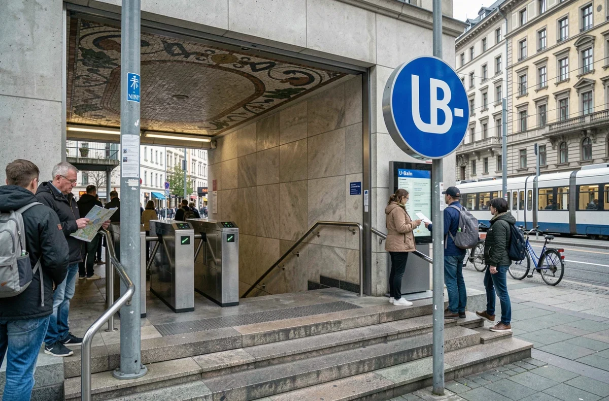 Entrée de station de métro U-Bahn à Berlin avec le logo bleu caractéristique et des touristes